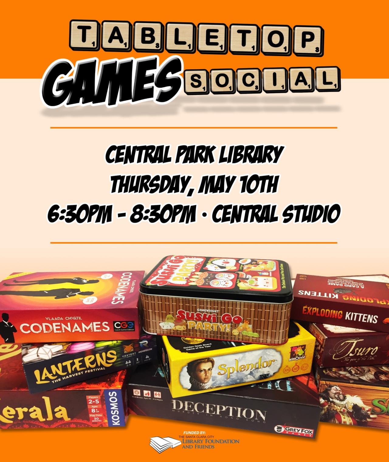 Tabletop games social, central park library, thursday May 10th, 6:30 to 8:30, central studios