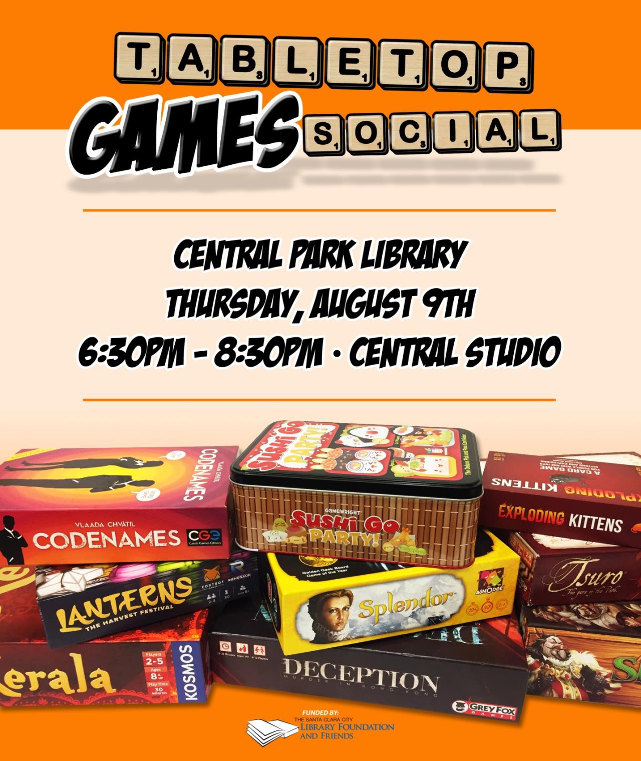 Tabletop games social, central park library, thursday August 9th, 6:30 to 8:30, central studios