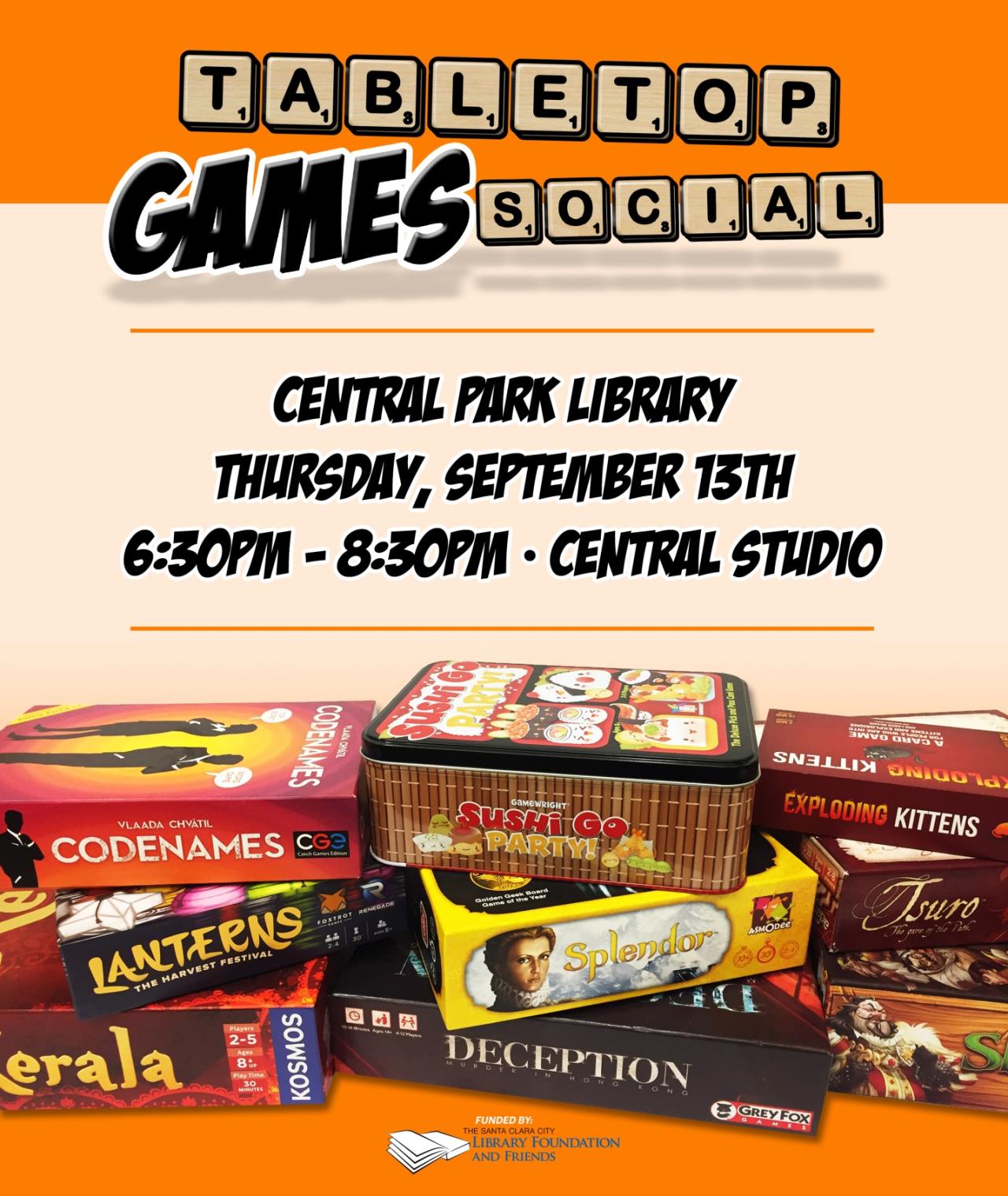 Tabletop games social, central park library, thursday September 13th, 6:30 to 8:30, central studios