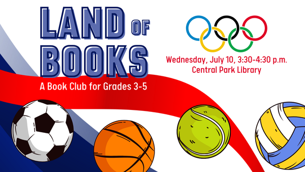 Land of Books header with Olympic rings, sports icons, and a red, white, and blue background