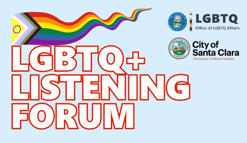 Text: LGBTQ Listening Forum, Image: Progress Pride Flag